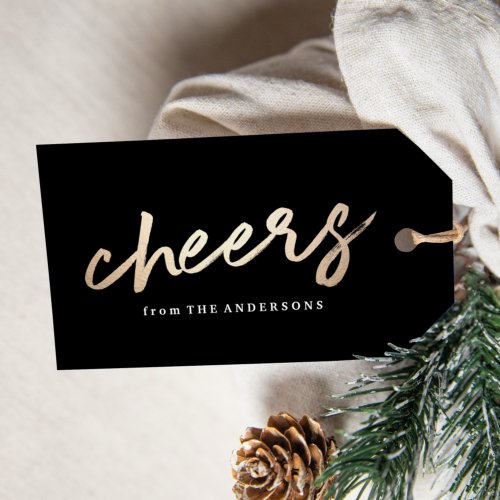 Modern Cheers Script Black and Gold Holiday Gift Tags