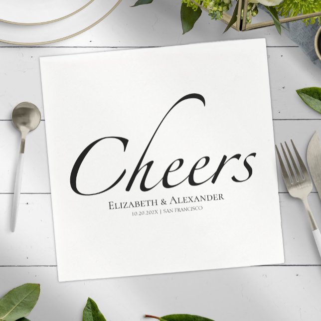 Modern Cheers Script | Black & White Wedding Napkins (Creator Uploaded)