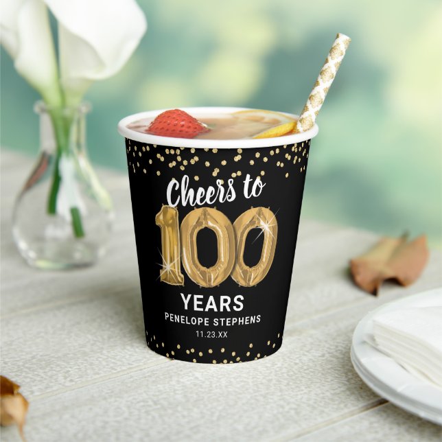 Modern Cheers to 100 Years Birthday Party Paper Cups (Insitu)