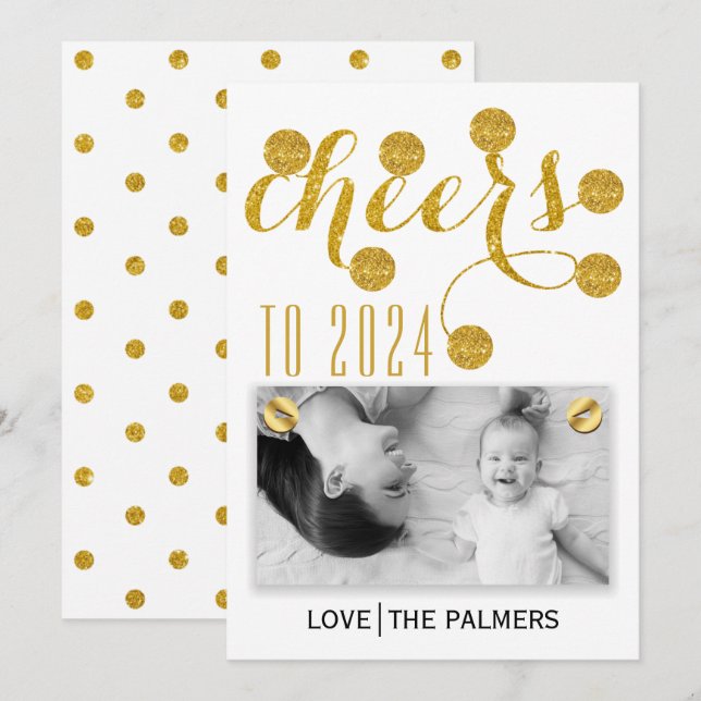 Modern cheers to 2024 gold glitter New Year photo Holiday Card (Front/Back)