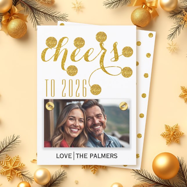 Modern cheers to 2026 gold glitter New Year photo Holiday Card (Creator Uploaded)
