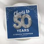 Modern Cheers to 50 Years Birthday Napkins<br><div class="desc">Elegant fiftieth birthday party napkins featuring a stylish navy blue background that can be changed to any color,  silver sparkly glitter,  the saying "cheers to 50 years" using silver gold hellium balloons,  their name,  and the date of the celebration.</div>