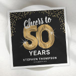 Modern Cheers to 50 Years Birthday Napkins<br><div class="desc">Elegant fiftieth birthday party napkins featuring a stylish black background that can be changed to any color,  gold sparkly glitter,  the saying "cheers to 50 years" using fifty gold hellium balloons,  their name,  and the date of the celebration.</div>