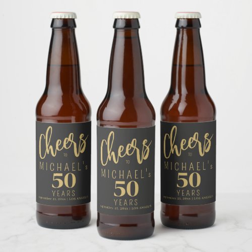 Modern cheers to 50 years gold black birthday beer bottle label