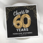 Modern Cheers to 60 Years Adult Birthday Napkins<br><div class="desc">Elegant sixtieth birthday party napkins featuring a stylish black background that can be changed to any color,  gold sparkly glitter,  the saying "cheers to 60 years" using sixty gold hellium balloons,  their name,  and the date of the celebration.</div>