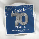 Modern Cheers to 70 Years Adult Birthday Napkins<br><div class="desc">Elegant seventieth birthday party napkins featuring a stylish navy blue background that can be changed to any color,  silver sparkly glitter,  the saying "cheers to 70 years" using seventy silver hellium balloons,  their name,  and the date of the celebration.</div>