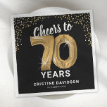 Modern Cheers to 70 Years Adult Birthday Napkins<br><div class="desc">Elegant seventieth birthday party napkins featuring a stylish black background that can be changed to any color,  gold sparkly glitter,  the saying "cheers to 70 years" using seventy gold hellium balloons,  their name,  and the date of the celebration.</div>