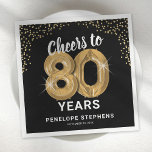 Modern Cheers to 80 Years Adult Birthday Napkins<br><div class="desc">Elegant eightieth birthday party napkins featuring a stylish black background that can be changed to any color,  gold sparkly glitter,  the saying "cheers to 80 years" using eighty gold hellium balloons,  their name,  and the date of the celebration.</div>