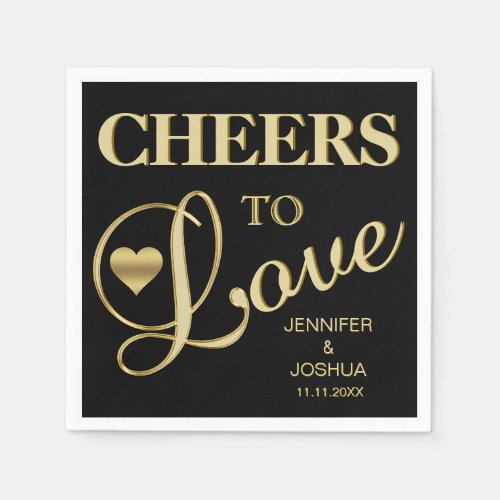 Modern CHEERS TO LOVE Black Heart Gold Wedding Napkins