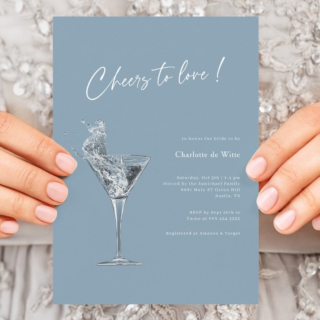 Modern Cheers to Love Bridal Shower Invitation (Elegant Dusty Blue Cheers To Love Bridal Shower Invitation)