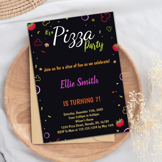 Modern Cheesy Party Card for Kids, Teens, or Adult (Black Pizza Birthday Invitations)