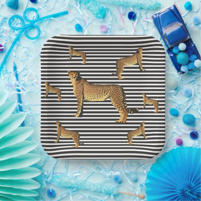 Modern Cheetah Pattern on Black and White Stripes Paper Plates (Party)