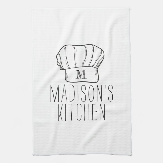 Modern Chef Cook Hat Monogram Simple Stylish Name Kitchen Towel (Vertical)