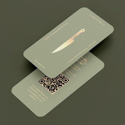 Modern Chef Gold Knife Sage Green Luxury Business Card