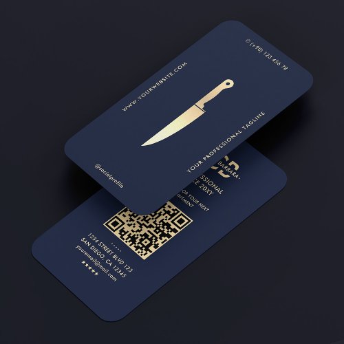 Modern Chef Navy Blue Gold Knife Butcher Business Card