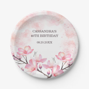 Modern Cherry Blossom Flower Pink Splash Birthday Paper Plates