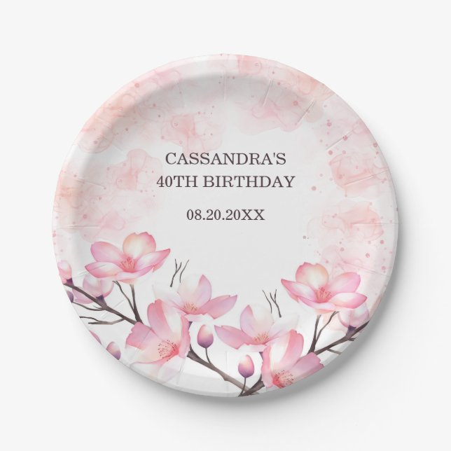 Modern Cherry Blossom Flower Pink Splash Birthday Paper Plates (Front)