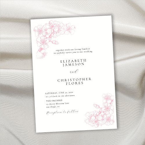 Modern Cherry Blossom Sketch Pink Floral Wedding Invitation
