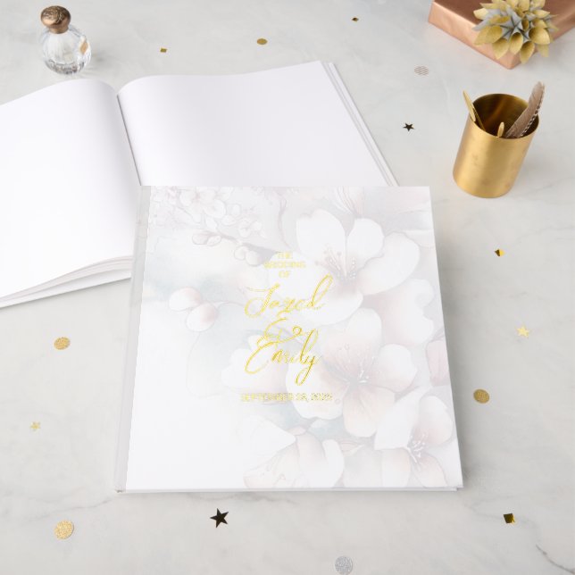Modern Cherry Blossom Wedding Foil Guest Book (Front Open)