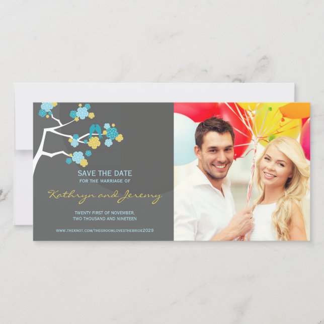 Modern Cherry Blossoms Love Birds Save The Date (Front)