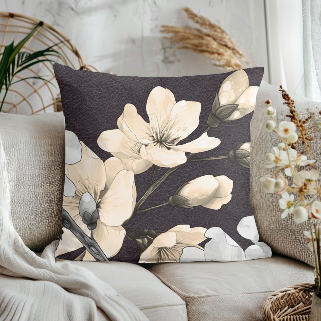Modern Cherry Blossoms on Black Leather Throw Pillow (Creator Uploaded)