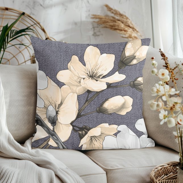 Modern Cherry Blossoms on Gray Denim Throw Pillow (Creator Uploaded)