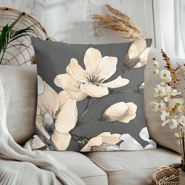 Modern Cherry Blossoms on Gray Fabric Throw Pillow (Creator Uploaded)