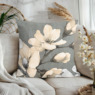 Modern Cherry Blossoms on Gray Wood Throw Pillow