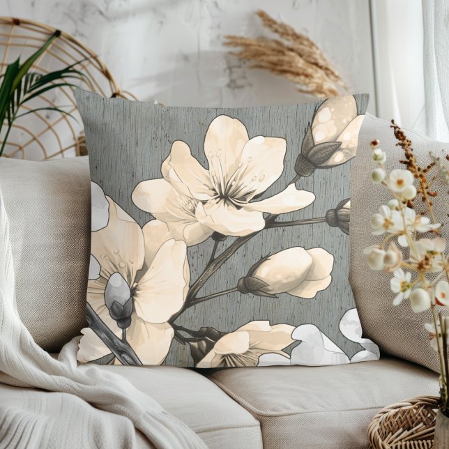 Modern Cherry Blossoms on Gray Wood Throw Pillow (Creator Uploaded)