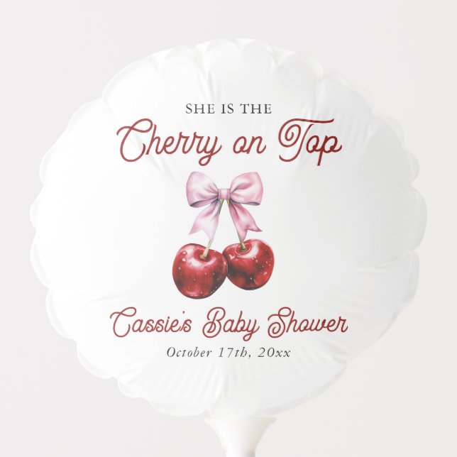 Modern Cherry On Top Pink Bow Baby Shower Balloon (Front)