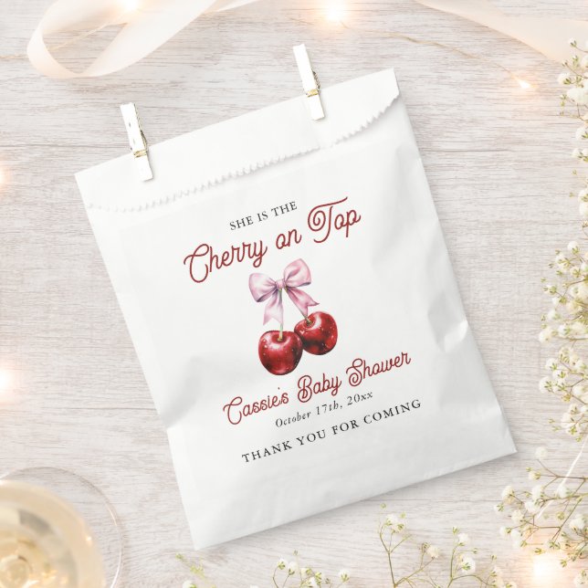 Modern Cherry On Top Pink Bow Baby Shower Favor Bag (Clipped)