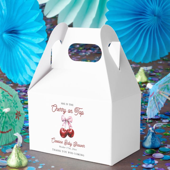 Modern Cherry On Top Pink Bow Baby Shower Favor Boxes (Party)
