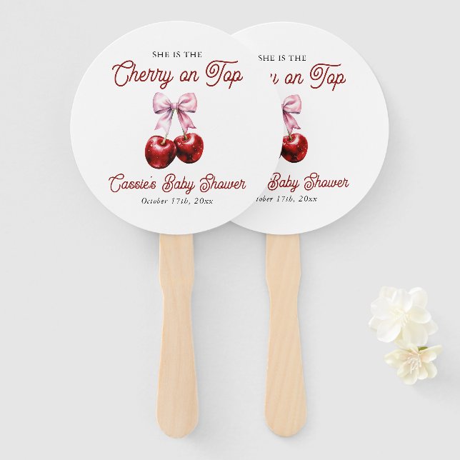 Modern Cherry On Top Pink Bow Baby Shower Hand Fan (Front and Back)