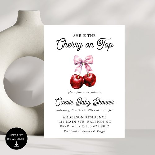 Modern Cherry On Top Pink Bow Baby Shower Invitation