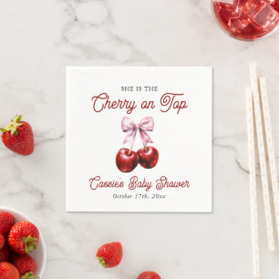 Modern Cherry On Top Pink Bow Baby Shower Napkins