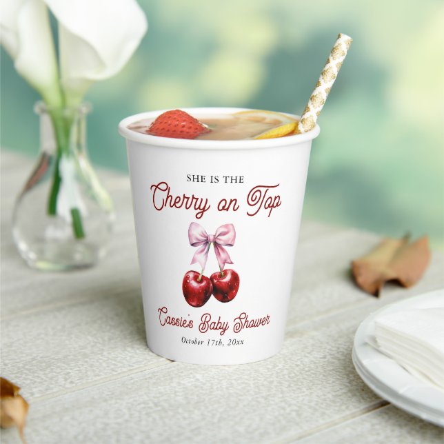 Modern Cherry On Top Pink Bow Baby Shower Paper Cups (Insitu)