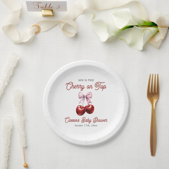 Modern Cherry On Top Pink Bow Baby Shower Paper Plates (Wedding)