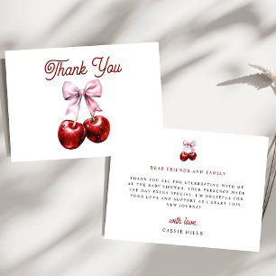 Modern Cherry On Top Pink Bow Baby Shower Thank You Card