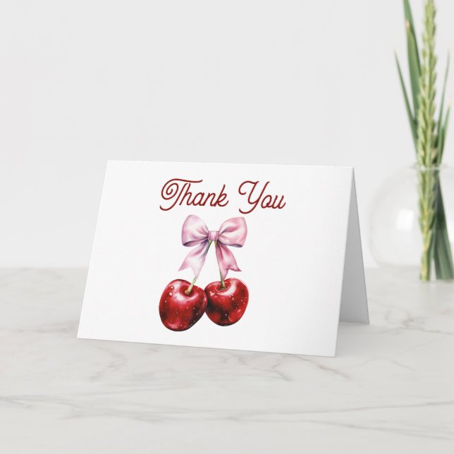 Modern Cherry On Top Pink Bow Baby Shower Thank You Card (Front)
