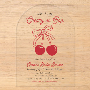 Modern Cherry On Top Pink Bow Bridal Shower Acrylic Invitations