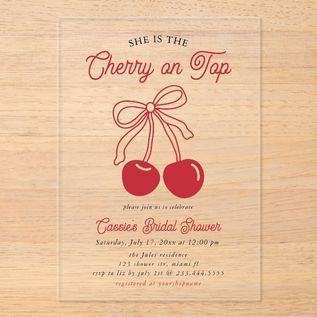 Modern Cherry On Top Pink Bow Bridal Shower Acrylic Invitations (Front)