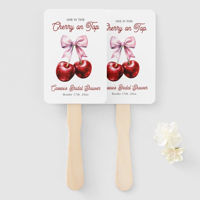 Modern Cherry On Top Pink Bow Bridal Shower Hand Fan (Front and Back)
