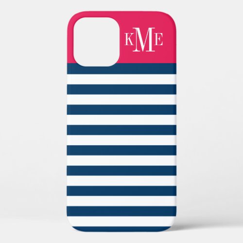 Modern Cherry Red Navy Stripes Custom Monogram iPhone 12 Case