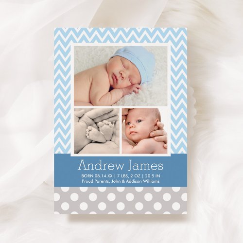 Modern Chevron Baby Boy Blue Gray Photo Birth Announcement