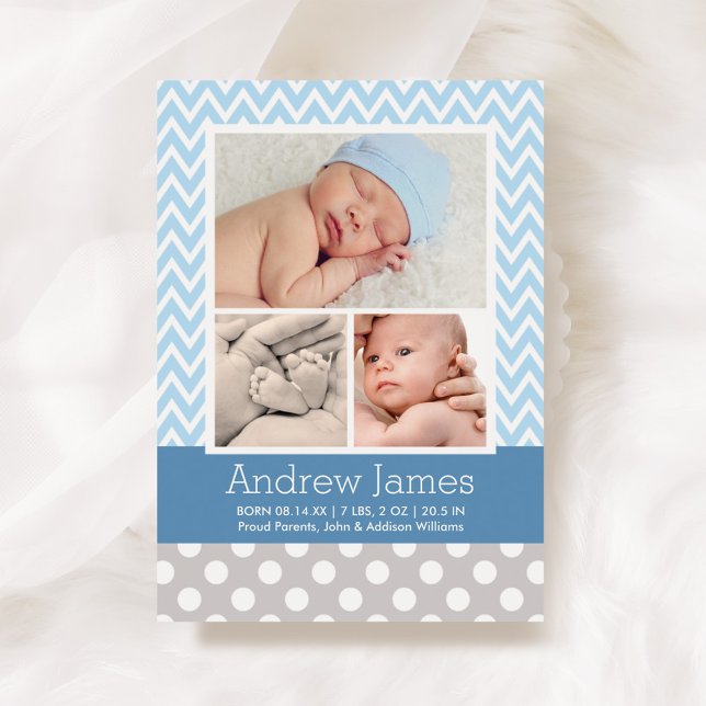 Modern Chevron Baby Boy Blue Gray Photo Birth Announcement (Creator Uploaded)