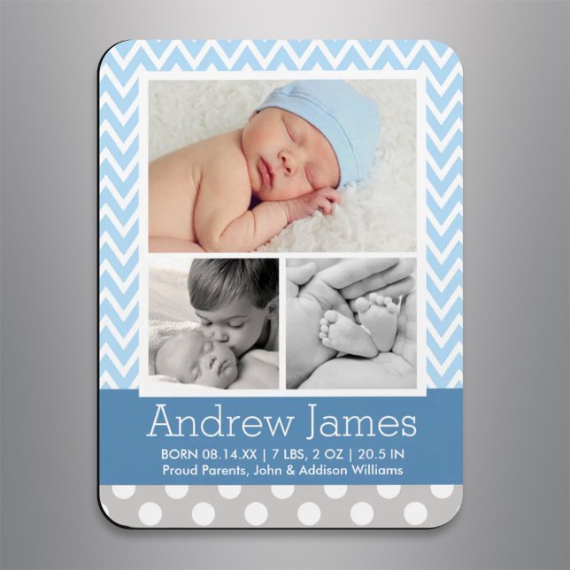 Modern Chevron Baby Boy Blue Gray Photo Birth Magnet (Creator Uploaded)