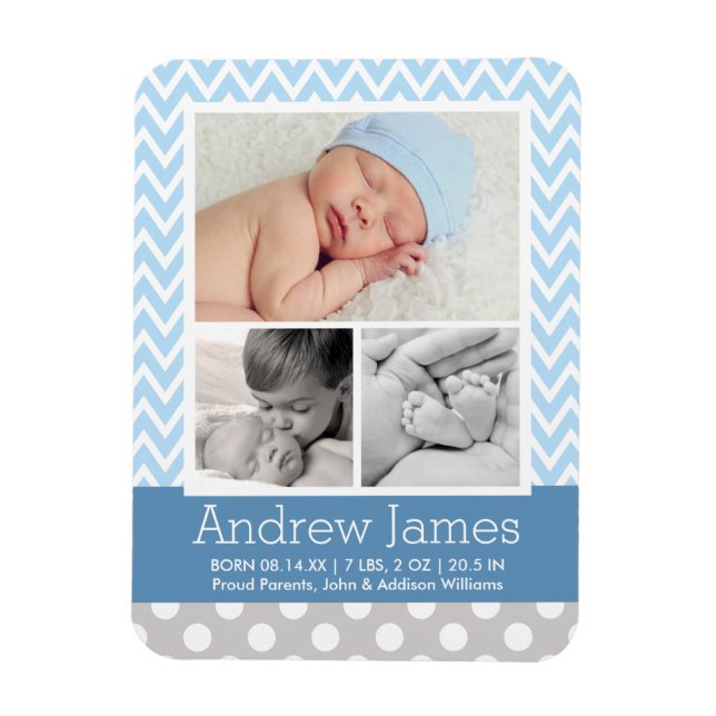 Modern Chevron Baby Boy Blue Gray Photo Birth Magnet (Vertical)