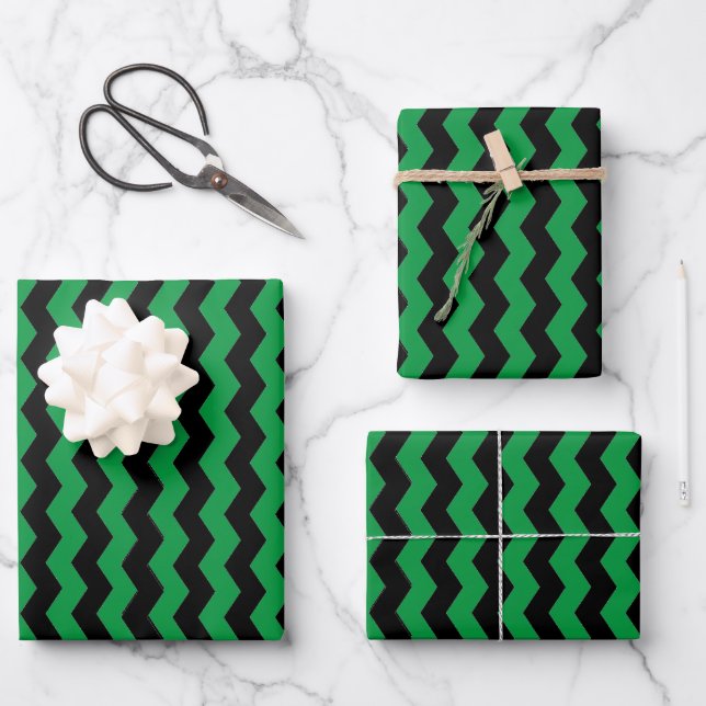 Modern Chevron Black and Green Stripes Pattern  Wrapping Paper Sheets (Front)