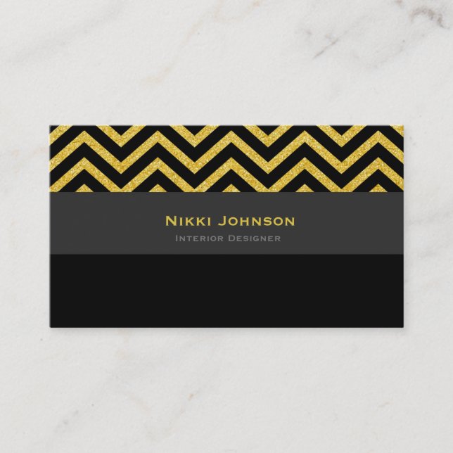 Modern Chevron Black & Gold Glam Business Card (Front)