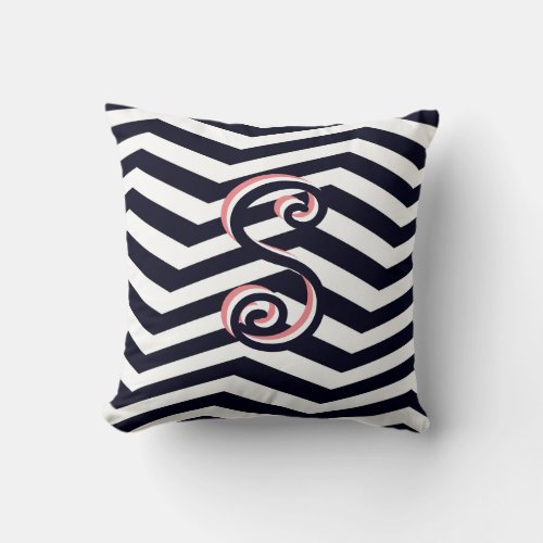 Modern Chevron Black Stripe Pink Trendy Monogram Throw Pillow